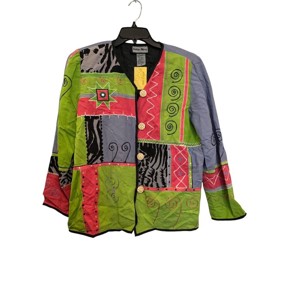 Indigo Moon Womens Patchwork Embroidered Button Jacket M Multicolor